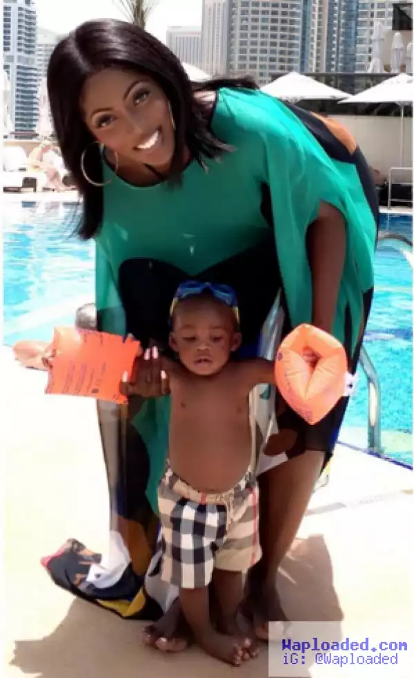 Adorable photos of Tiwa Savage and her son at a poolside in Dubai